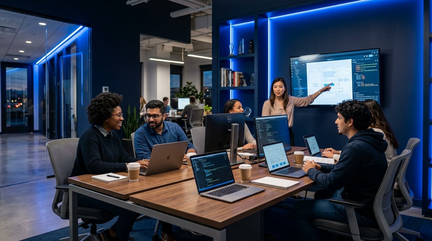 badAPP team collaborating in a modern tech workspace